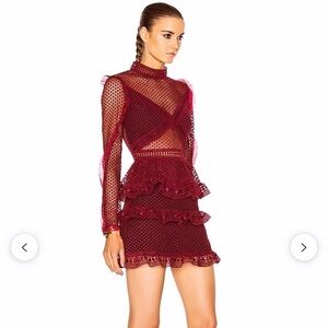 Dot mesh tiered mini dress in burgandy By Self-portrait